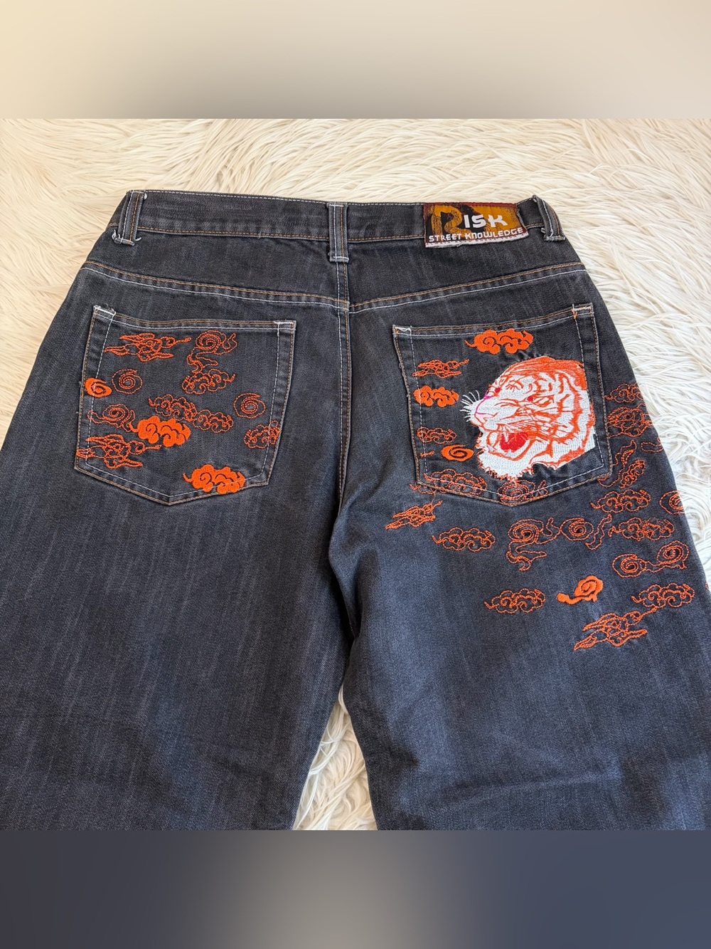 Vintage Y2K Risk Jeans Baggy Denim Tiger Orange Embroidered Streetwear 34x30